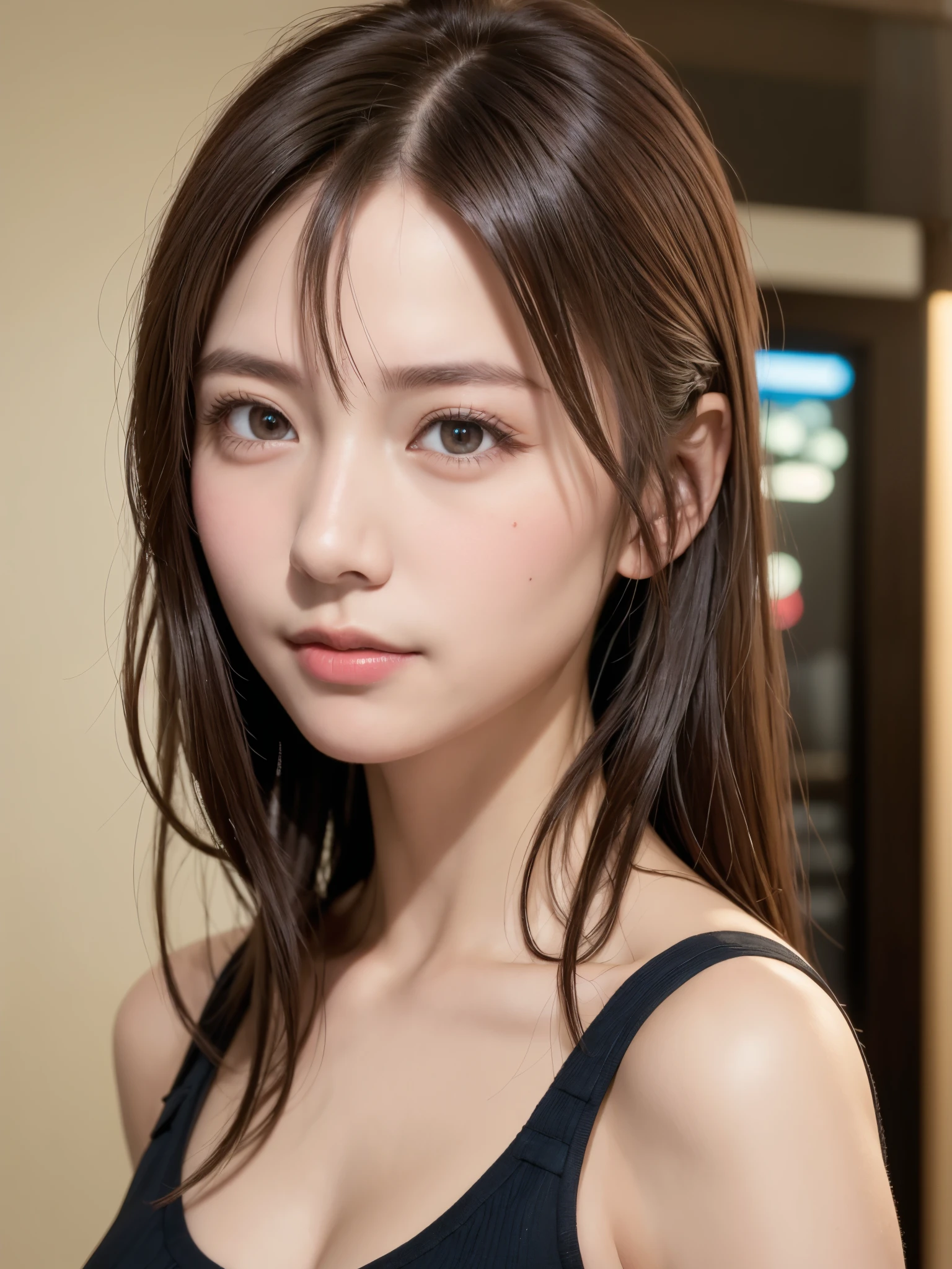 natta, Raw photography, (((Very beautiful portrait))), ((glistning skin)), 1girl in, Sexy 2 girl, Cafe Clerk、((Sauvage's natural brown hair)), Gentle smile staring at the camera, ((​masterpiece, top-quality, ultra-detailliert, ciinematic light, intricate detailes, hight resolution, 8K, ighly detailed)), detailedbackground, 8KUHD, Digital SLR, Soft lighting, hightquality, film grains, FujifilmXT3, Shallow depth of field, natural soft light、face perfect