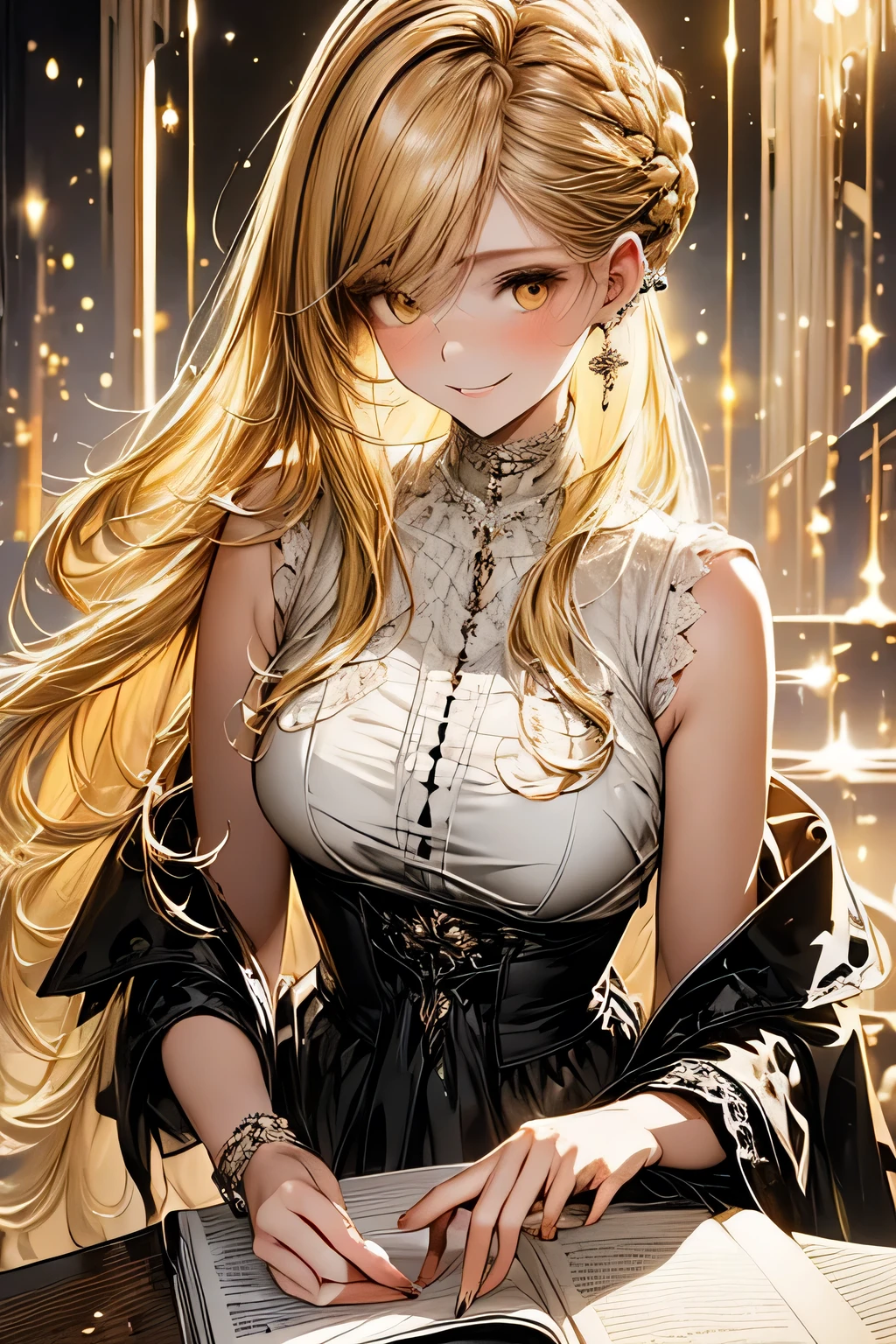 Elegant Victorian designer, graceful and composed, wears elegant dresses with intricate lace detailing, comfortable yet stylish shoes, intricate jewelry, stylish updo hairstyle, sketchbook always in hand, soft-spoken and thoughtful, yellow hair, hazel eyes, warm inviting smile, attentive to details. 




