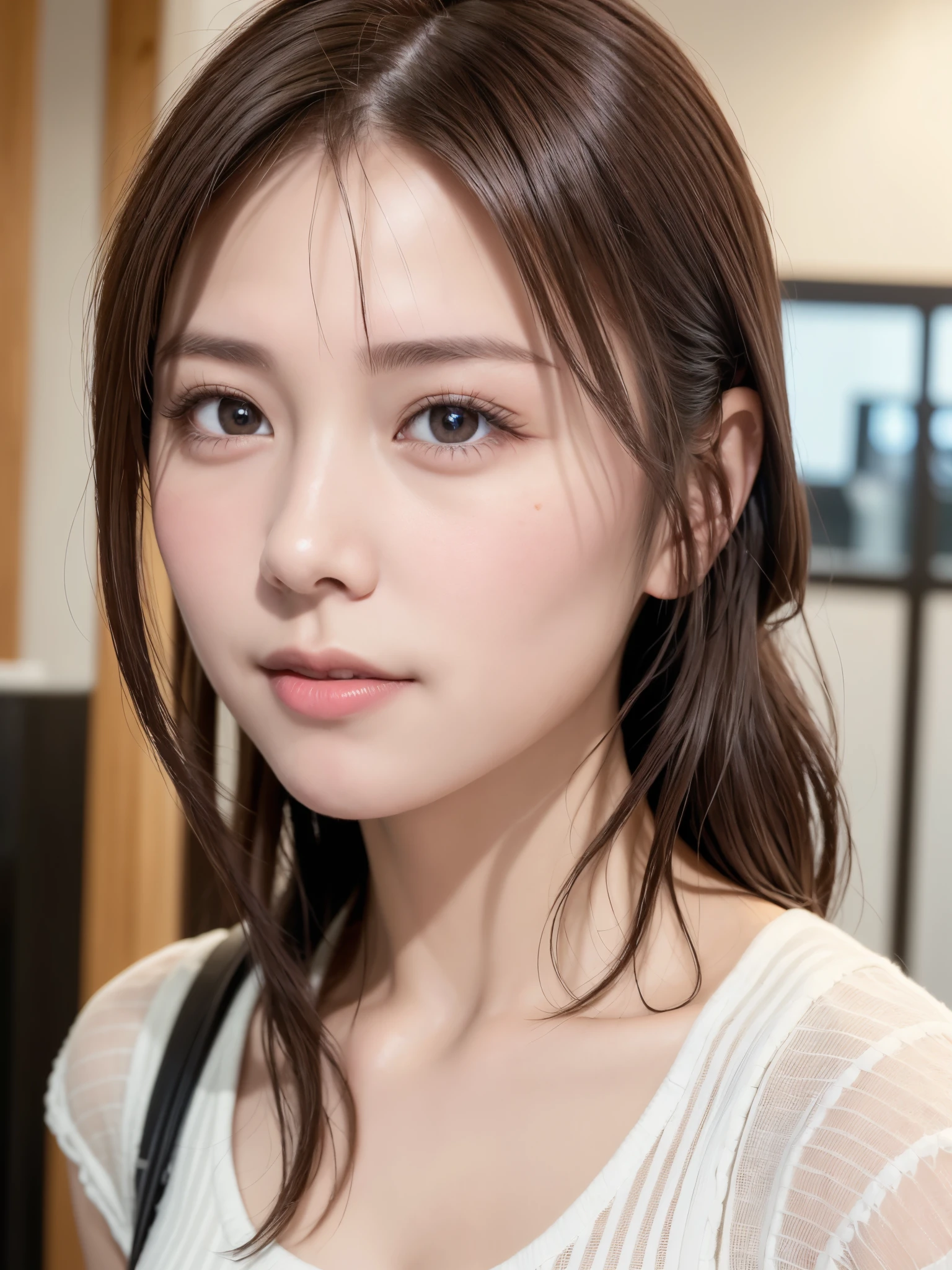 natta, Raw photography, (((Very beautiful portrait))), ((glistning skin)), 1girl in, Sexy 2 girl, Cafe Clerk、((Sauvage's natural brown hair)), Gentle smile staring at the camera, ((​masterpiece, top-quality, ultra-detailliert, ciinematic light, intricate detailes, hight resolution, 8K, ighly detailed)), detailedbackground, 8KUHD, Digital SLR, Soft lighting, hightquality, film grains, FujifilmXT3, Shallow depth of field, natural soft light、face perfect