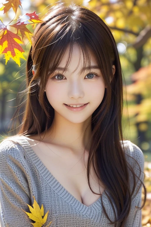 Japanese model sitting on a yellow fallen leaf,  Cute young woman, In the fall,  covered with fallen leaves,  Japanese girls who can show off their bodies、 looking at the camera 、Detailed and beautiful eyes、Cute smile、A soft and gentle look