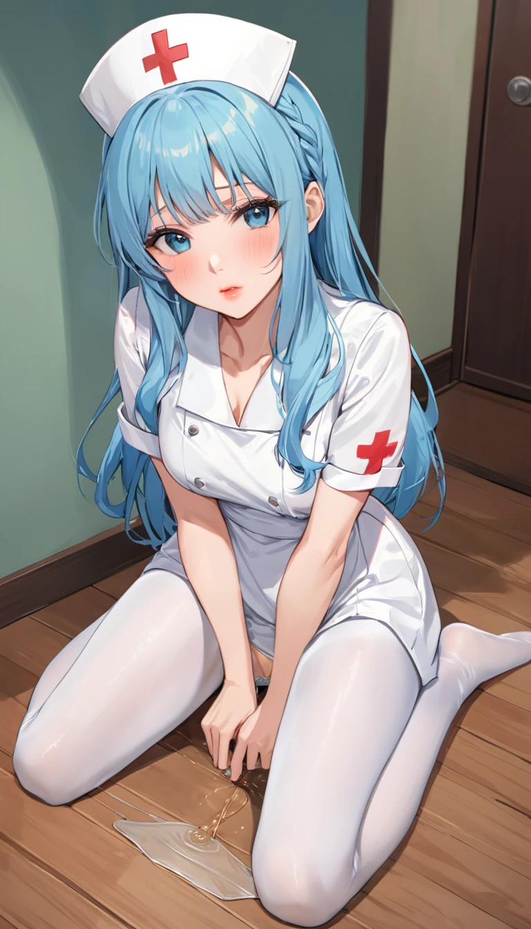 Right at dusk, on the ground floor of a departmental compound, the rays of the evening sun gently illuminate Eula, the female character from Genshin Impact. Woman who leaves her home to go to her job as a nurse, hence her white outfit with a nurse's hat and prominent footwear with white heels and white stockings. Covering her athletic and curvy body in addition to wearing pronounced makeup that highlights the brightness of her yellow eyes and radiates beauty with her light blue hair.