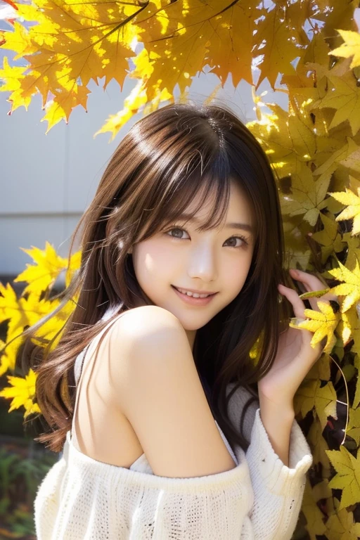 Japanese model sitting on a yellow fallen leaf,  Cute young woman, In the fall,  covered with fallen leaves,  Japanese girls who can show off their bodies、 looking at the camera 、Detailed and beautiful eyes、Cute smile、A soft and gentle look