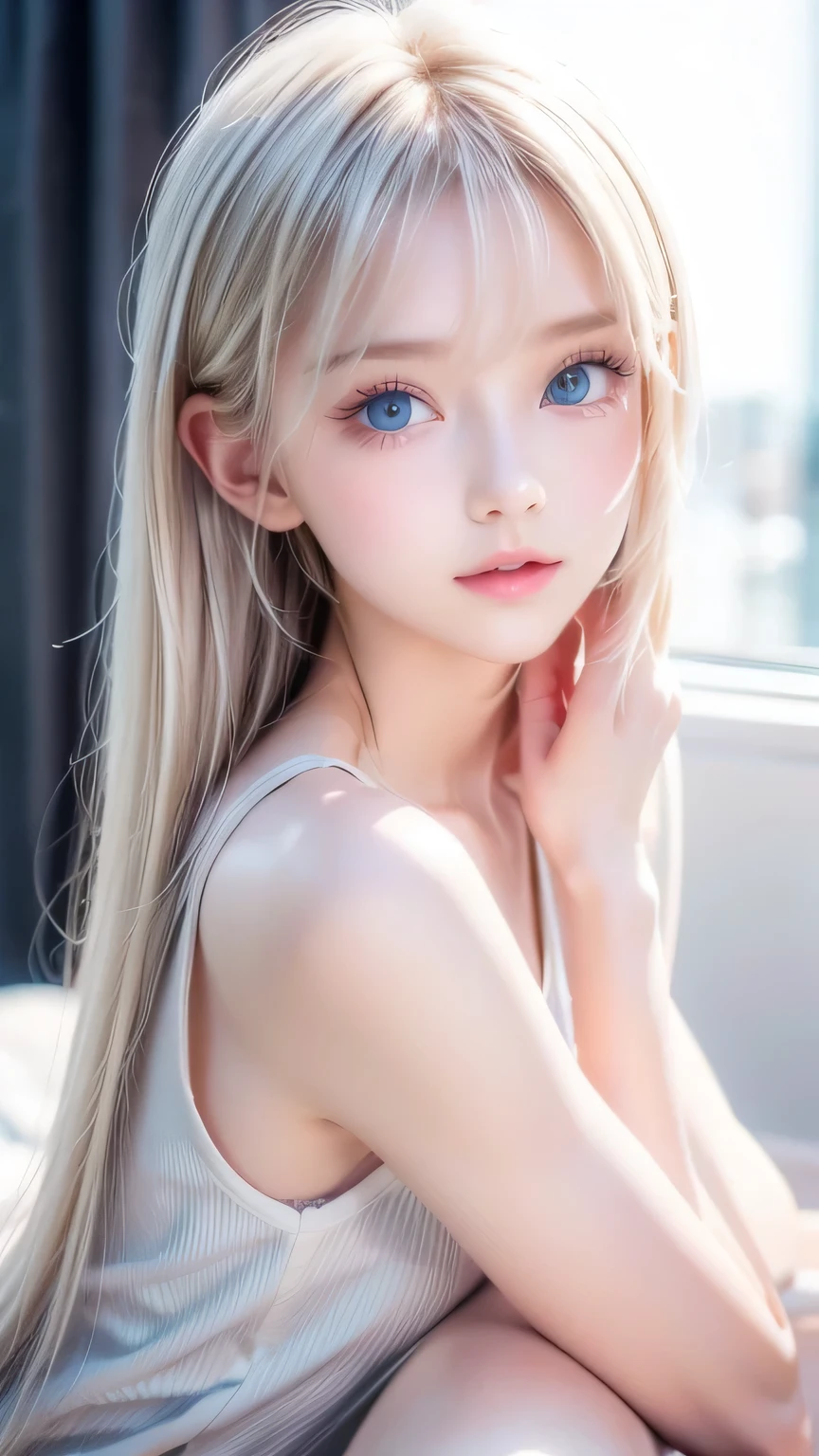perfect beautiful face 、 beautiful blonde beautiful girl 、First time with a young face 々 beautiful cute 20 year old beautiful cute girl 、 very beautiful cute face 、 beautiful cute extremely bright sky blue eyes 、 very long beautiful shiny silky straight pearl platinum blonde hair、 super long beautiful bangs 、 white skin、Glossy Skin、Gloss Face、Cheek gloss、Hair above the eyes、片Hair above the eyes、Hair between the eyes、Small Face Beauty、Round face、Cute clothes