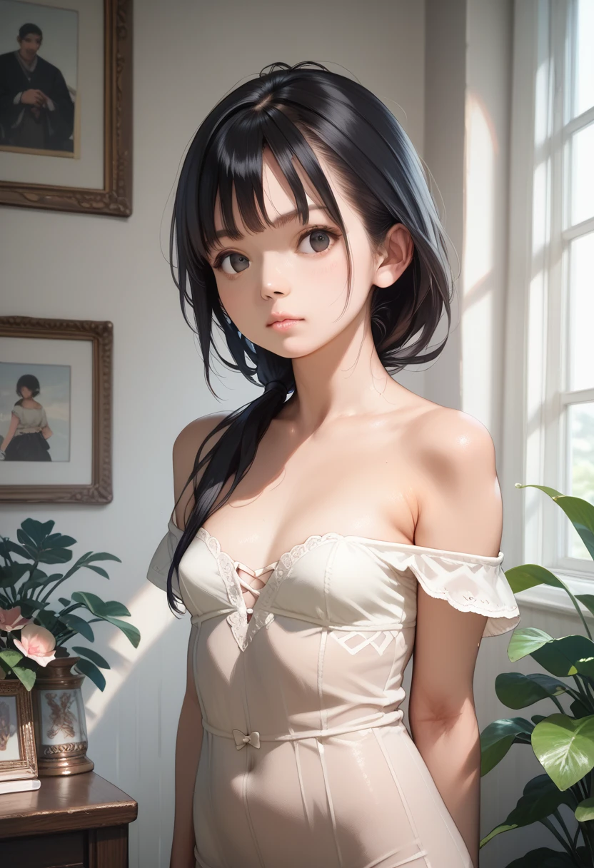 Photorealistic,masterpiece,best quality,ultra detailed,highres,Long Hair,Low Ponytail,Black Hair,Small breasts