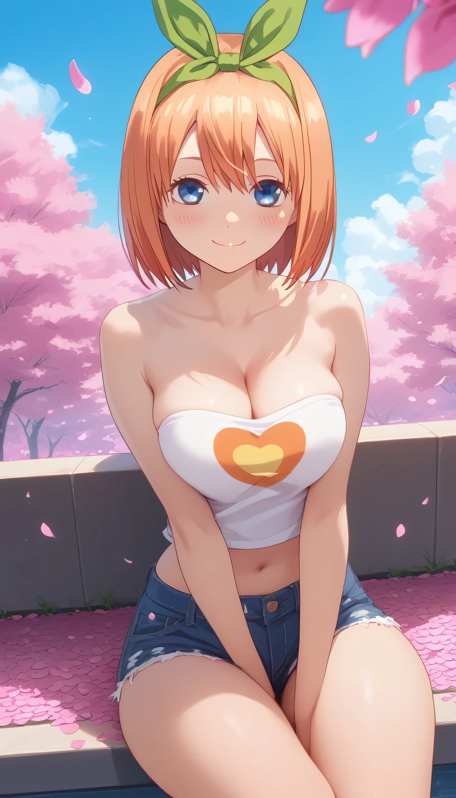 Front view, (from below:0.8), score_9_up,score_8_up, Yotsuba Nakano, 1girl, solo, blue eyes, orange hair, green ribbon, ((blush)), closed mouth, smile, big breast, big thighs, wearing a strapless cropped tanktop, short denim hotpants, show cleavage, ((sitting)), seductive pose, (sakura petals), ((entertainment park))