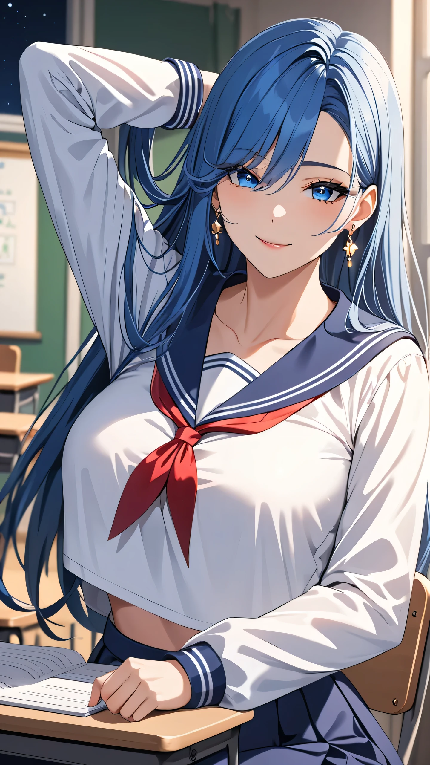 Highest quality masterpiece High resolution masterpiece, blue long hair, res eyes, teasing smile, tight, classroom, night, mature female, earrings, wearing long sleeves sailor uniform, nightmare, big breast, crop top overhang, hand behind the head, sit