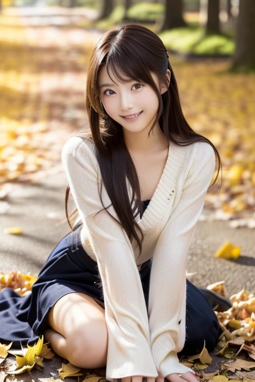 Japanese model sitting on a yellow fallen leaf,  Cute young woman, In the fall,  covered with fallen leaves,  Japanese girls who can show off their bodies、 looking at the camera 、Detailed and beautiful eyes、Cute smile、A soft and gentle look