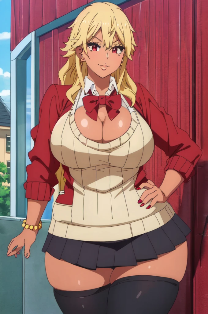 ((best quality)),((highly detailed)),masterpiece,absurdres,detailed face,beautiful face,(detailed eyes, deep eyes),1girl,  Tomo, ((red eyes)), black short skirt , sky, day, cloud, pleated skirt, leopard print panty, School rooftop, looking at viewer, open clothes, standing, loose uniform showing cleavage, Gyaru, Big breast, ((full tanned skin)), Glossy lips, a lot of earpiercing, Necklace with heart shape,Bracelet, Half eyes expression, Smirk, feminim,((1girl)),((Solo)),Spouty mouth,Thick lips,colored Long nail,Stylish thick wavy hair,Celeb wavy hair,Tight tights,H cup,Gyaru rings,((Big bouncy breast)),Curvy figure,Half eyes open expression,((((school uniform with long sleeve sweater )))),unbuttoned school uniform,cleavage,Solo,Heart shape emote,Detailed hand,Thick lips,half eyes,Humongous Breast,Dangerous cleavage,Stand out cleavage,Eyelash,((yellow blond colored hair)),Colorless lips,Enchanched breast,Show off cleavage,Body facing front,Gaze on viewer,Stud earring,Needy girlfriend,Needy bitch behaviour,Chocker,Smug face,((White collar)),Detailed hand,Crossing hand,Swaying hips,((Wavy hair))