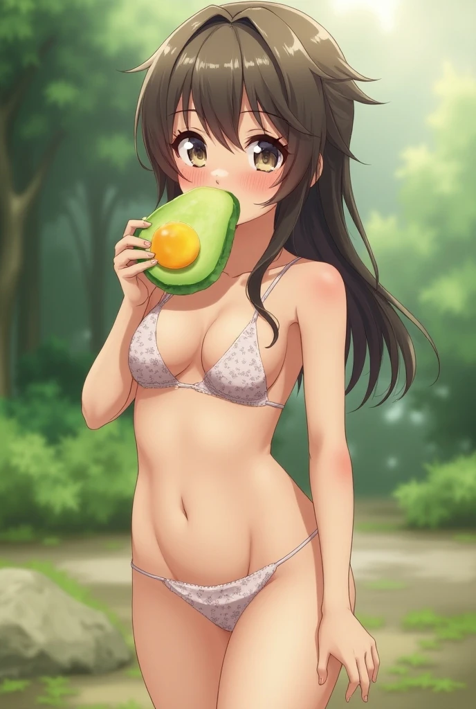 Smiling woman in a black bikini top holding a banana in her hand, em frente a um fundo de floresta, sorrindo e olhando diretamente, muito ligeiramente sorridente, Violeta Myers, ligeiramente sorridente, Alanis Guillen, with a tree in the background, happily smiling at the camera, bonito e sorridente, trees in the background, She is grinning, sorrindo levemente