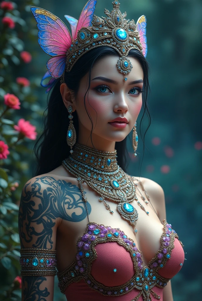 a close up of a woman in a sexy transparent white gold low-cut lace armor cleavage big breasts with a lotus flower in her hand, head jewelry, violet necklace, jade belt , toned abs, a beautiful fantasy empress, ((a beautiful fantasy empress)), beautiful celestial mage, beautiful character painting, full body xianxia, portrait knights of zodiac girl, by Yang J, g liulian art style, fantasy art style, foreshortening