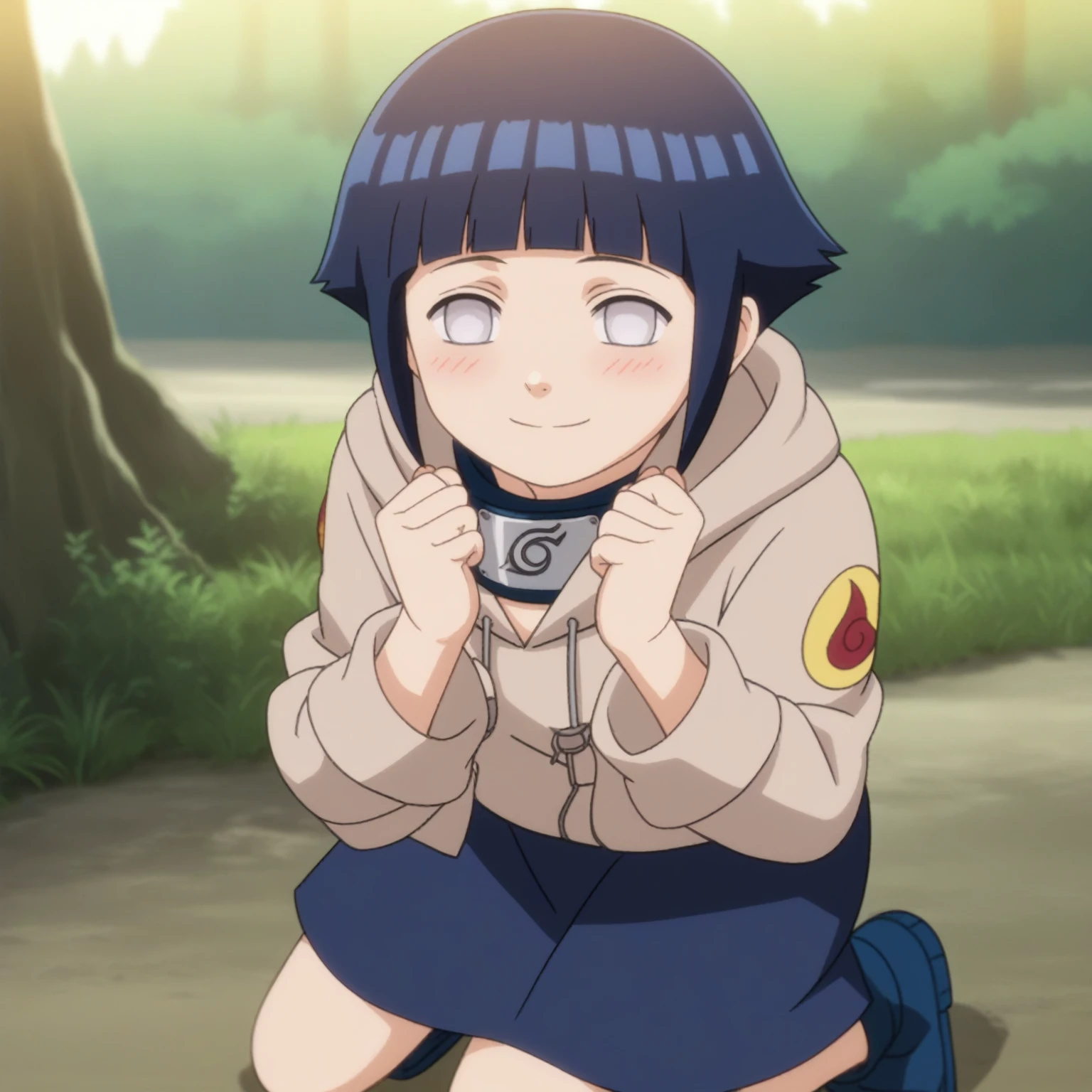 score_9, score_8_up,source_anime,
 short hair, dark blue hair, no pupils, 1girl, blunt bangs, shiny hair, grey eyes, hoodie, solo, hood down,, looking at viewer, blush,  smile,konohagakure symbol, forehead protector, 
outdoors, forest,
anime screencap, anime coloring, kneeling, on grass,