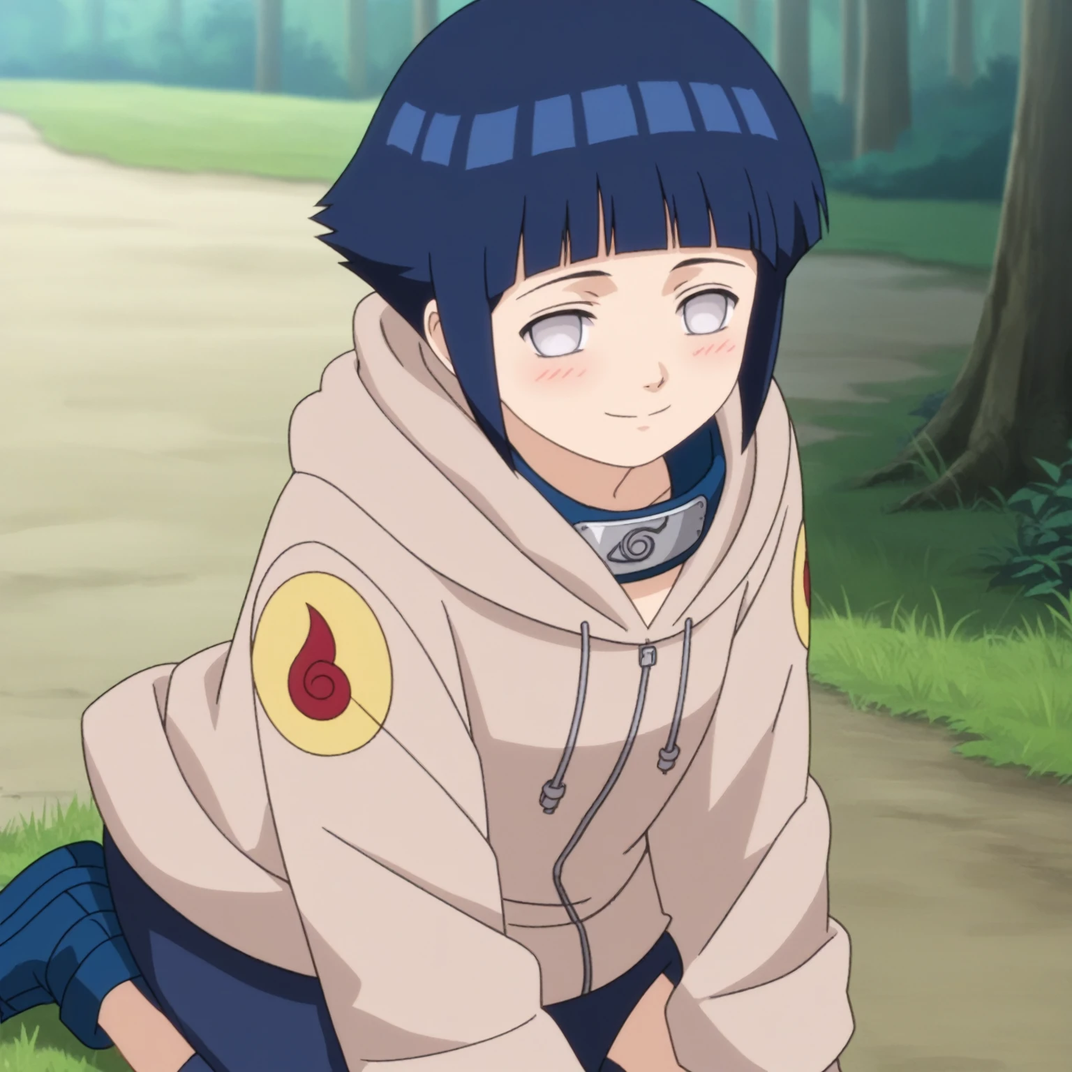 score_9, score_8_up,source_anime,
 short hair, dark blue hair, no pupils, 1girl, blunt bangs, shiny hair, grey eyes, hoodie, solo, hood down,, looking at viewer, blush,  smile,konohagakure symbol, forehead protector, 
outdoors, forest,
anime screencap, anime coloring, kneeling, on grass,