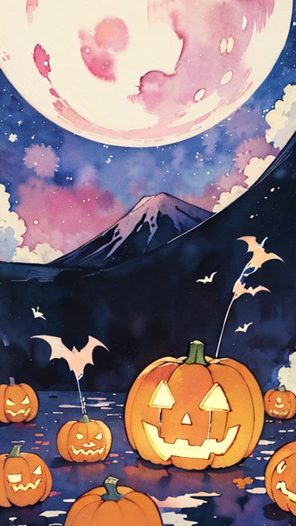  splatter background and spray paint effect, Katsushika Hokusai , watercolor, watercolor, watercolor風, Orange pumpkin ,  jack o' lantern , watercolorの詳細なアート, watercolor digital painting, watercolor paints, 非常に精巧なwatercolor, Pale Full Moon,bat and pumpkin , Wabi-sabi art ,