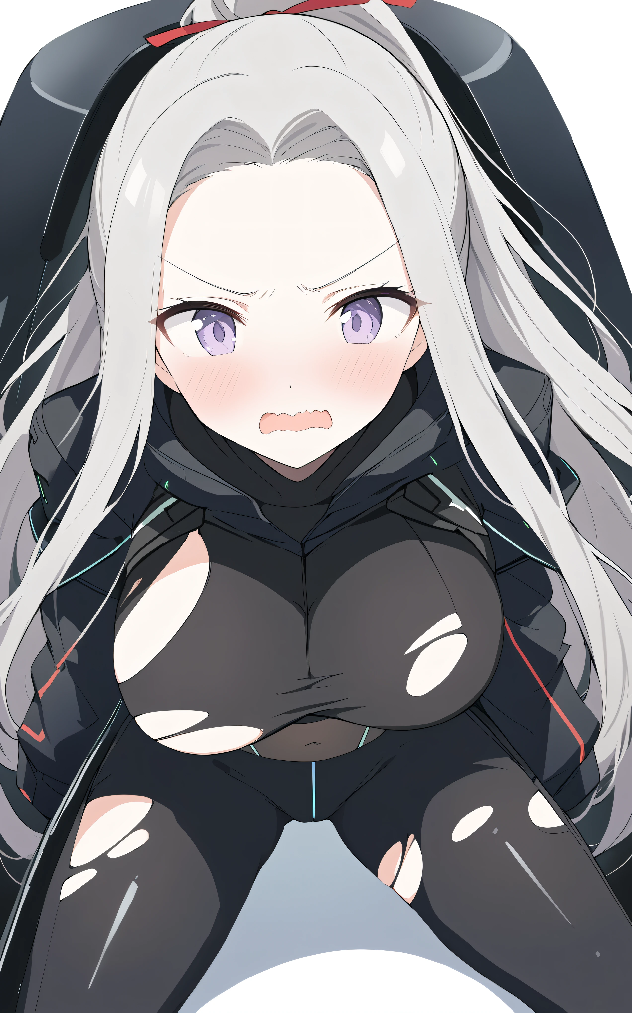 2.5d, (torn clothes:1.5), (Anime Moe Art Style), Futuristic cyberpunk character standing confidently with an air of determination, dressed in a sleek, high-tech outfit featuring a black crop top and tactical black pants with sleek straps and holsters, layered by a flowing dark coat, The character has long platinum hair styled with a high ponytail and a red ribbon accent, forehead, Purple eyes, Large breasts, face focus, embarrassed, wavy mouth,panicking, white background ,Sit in the cockpit,nsfw ,Scene of Defeat
