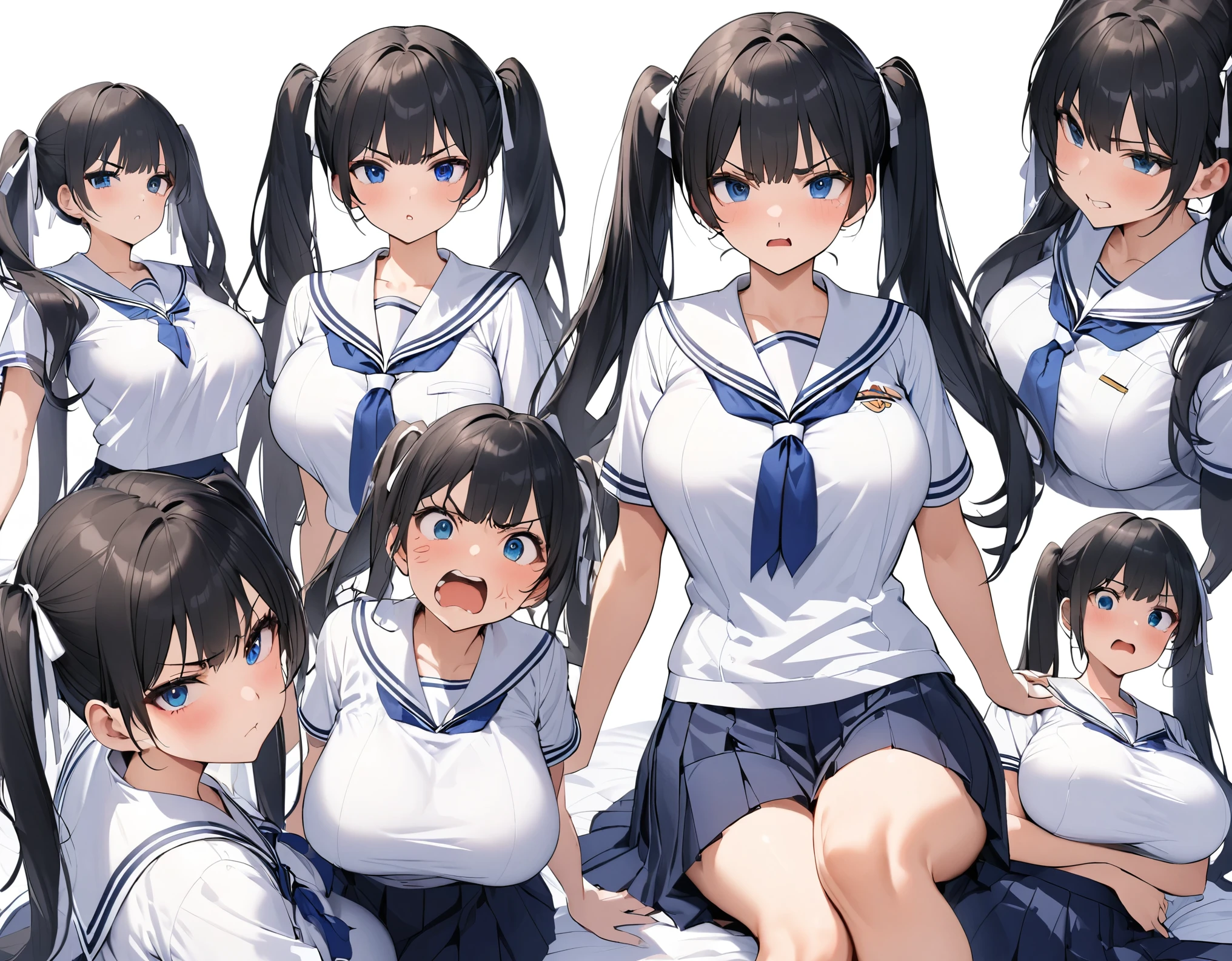 Alone:1. 3 facial expressions close-up , Black Hair:1.3, ((( twin tails:1.3))), Middle Hair, eyes brown , Round eyes, white ribbon, Large breasts, Thick legs, White sailor suit for summer, Navy blue Thai , navy blue pleated skirt :1.3, High school girl, angry , sitting on bed in my room
