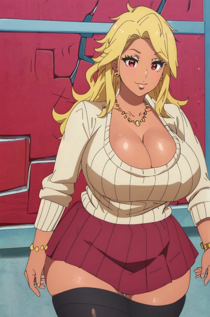 ((best quality)),((highly detailed)),masterpiece,absurdres,detailed face,beautiful face,(detailed eyes, deep eyes),1girl,  Tomo, ((red eyes)), black short skirt , sky, day, cloud, pleated skirt, leopard print panty, School rooftop, looking at viewer, open clothes, standing, loose uniform showing cleavage, Gyaru, Big breast, ((full tanned skin)), Glossy lips, a lot of earpiercing, Necklace with heart shape,Bracelet, Half eyes expression, Smirk, feminim,((1girl)),((Solo)),Spouty mouth,Thick lips,colored Long nail,Stylish thick wavy hair,Celeb wavy hair,Tight tights,H cup,Gyaru rings,((Big bouncy breast)),Curvy figure,Half eyes open expression,((((school uniform with long sleeve sweater )))),unbuttoned school uniform,cleavage,Solo,Heart shape emote,Detailed hand,Thick lips,half eyes,Humongous Breast,Dangerous cleavage,Stand out cleavage,Eyelash,((yellow blond colored hair)),Colorless lips,Enchanched breast,Show off cleavage,Body facing front,Gaze on viewer,Stud earring,Needy girlfriend,Needy bitch behaviour,Chocker,Detailed hand,Crossing hand,Swaying hips,((Wavy hair))