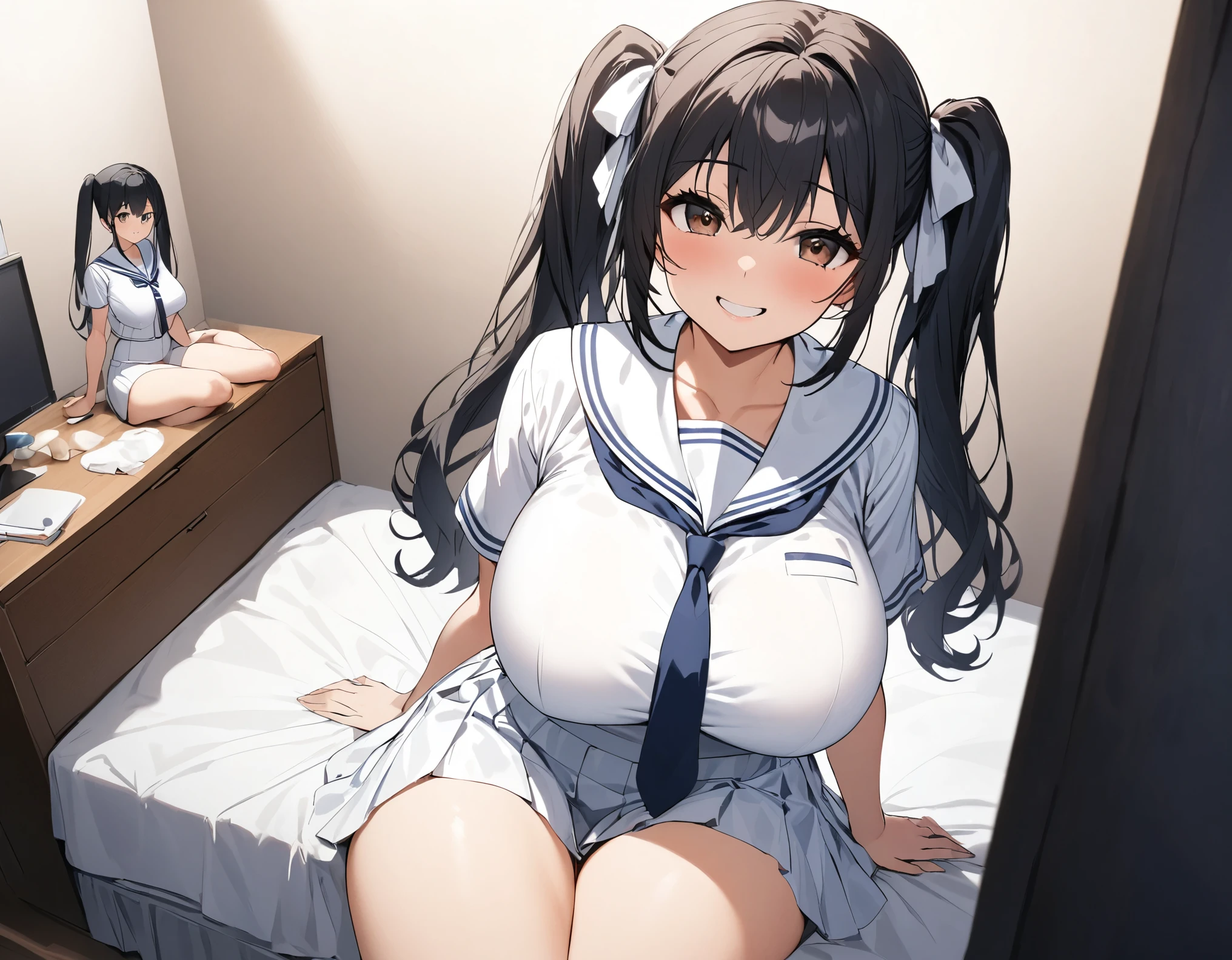 Alone:1.High school girl with 3 black hair, twin tails :1.A high school girl with 3 middle hair, brown eyes, white bows, big breasts, thick legs, dark blue ties wearing a white summer sailor suit wearing a dark blue tie, and a big smile next to me sitting on the bed in my room