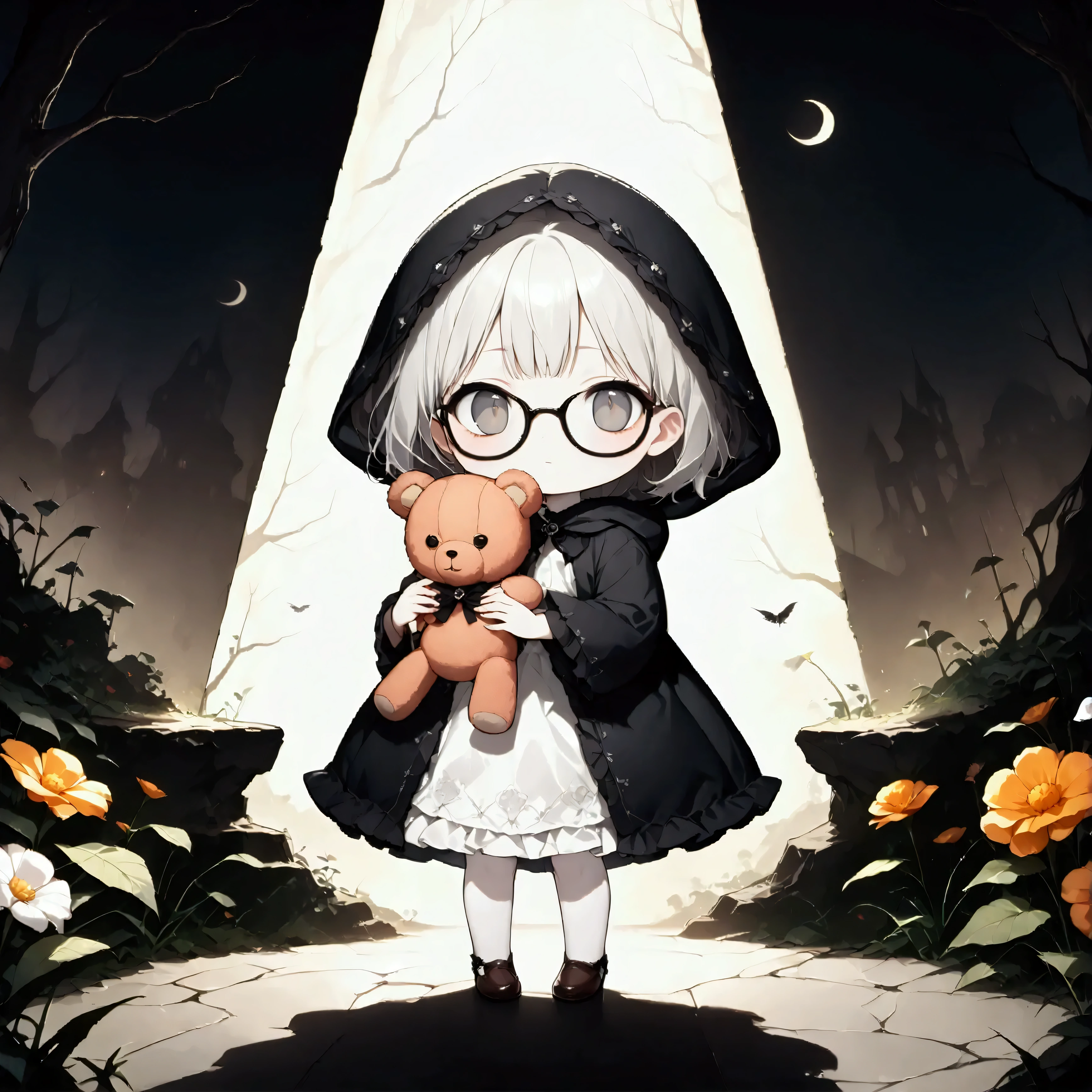 1girl\(cute,chibi, white skin, pale skin,(wearing ((simple)) black hood:1.4),(black robe\(hood,White embroidery in the shape of a flower\):1.3), ((white frilly dress inside)), (wearing black glasses:1.4), (((gray eyes))),Brown leather shoes with cute design, white hair, bangs, short hair, (holding teddybear\(brown,fluffy\):1.4),(cute pose:1.3)\).background\(gothic, Various beautiful flowers in geometrical shape\). BREAK ,quality\(8k,wallpaper of extremely detailed CG unit, high resolution, top-quality, top-quality real texture skin, hyper realistic, increase the resolution, RAW photos, best quality, highly detailed, the wallpaper,golden ratio,high saturation realism, vibrant colors, dramatic lighting, persuasive storytelling, atmospheric scenery, captivating visuals, intricate details, strong emotions,dreamlike world\),