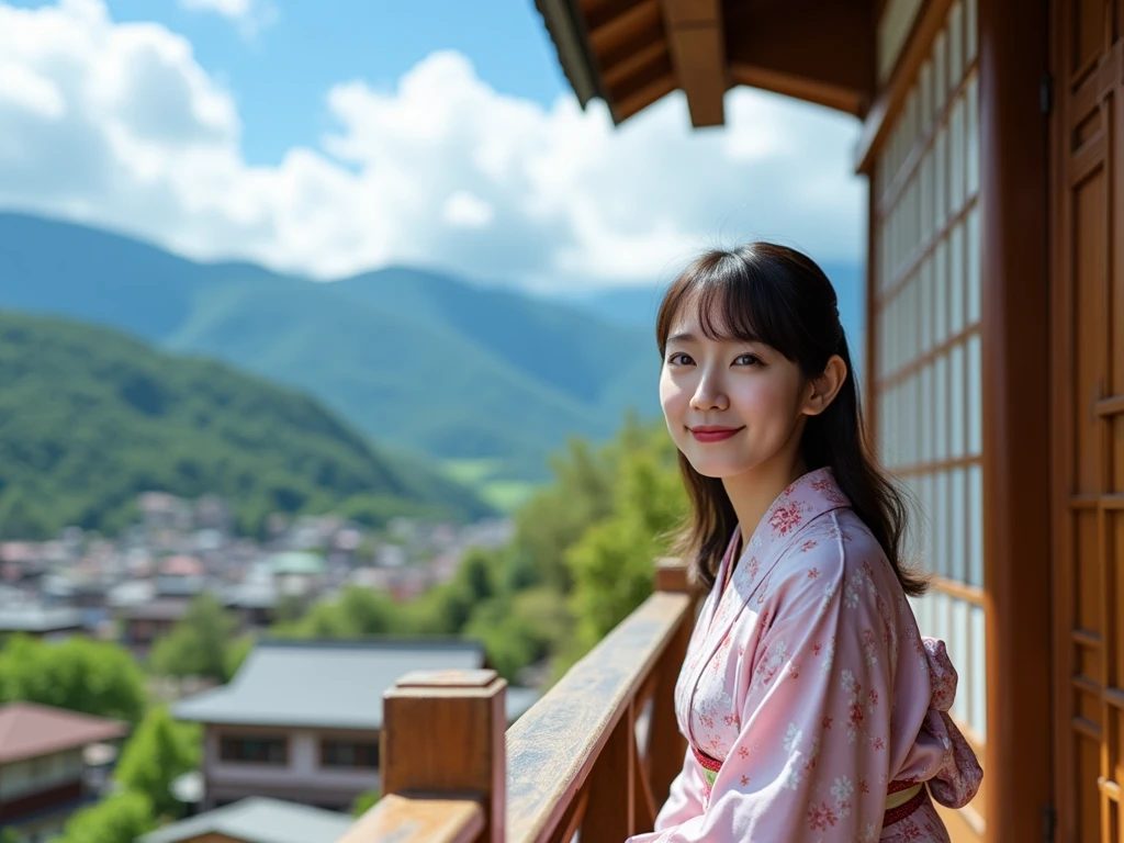 The image of a young asian woman smiling and sitting on a wooden corridor on a balcony. She is wearing a elegant yukata . Her hair is styled in loose waves and she has a serious expression on her face. The balcony has a wooden structure with a sloping roof and a wooden door on the right side. The view from the balcony is of a small village with a mountain range in the background. The village is surrounded by greenery and there are a large number of houses and buildings visible in the distance. The sky is blue with white clouds. The overall mood of the image is peaceful and serene.the image is highly realistic and cinematic. all elements of the image is precisely depicted and the lighting is extremly realistic.