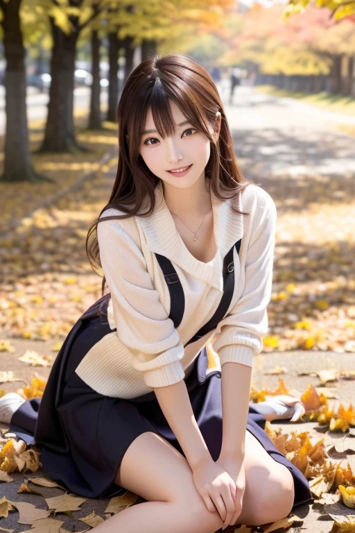 Japanese model sitting on a yellow fallen leaf,  Cute young woman, In the fall,  covered with fallen leaves,  Japanese girls who can show off their bodies、 looking at the camera 、Detailed and beautiful eyes、Cute smile、A soft and gentle look