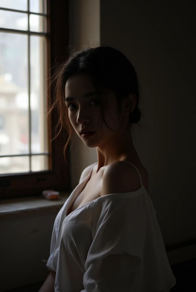 A bandicoot portrait of a beautiful woman in a dimly lit room, with soft natural light filtering through an old-style window, silhouette is partially obscured by shadows, creating a mysterious and contemplative mood, ethereal appearance, with slightly messy hair loosely tied back, with a few strands falling around her face. Wearing an off-shoulder white shirt, she gazes over her shoulder with a calm, neutral expression, soft lighting highlights , --S 400 Style raw