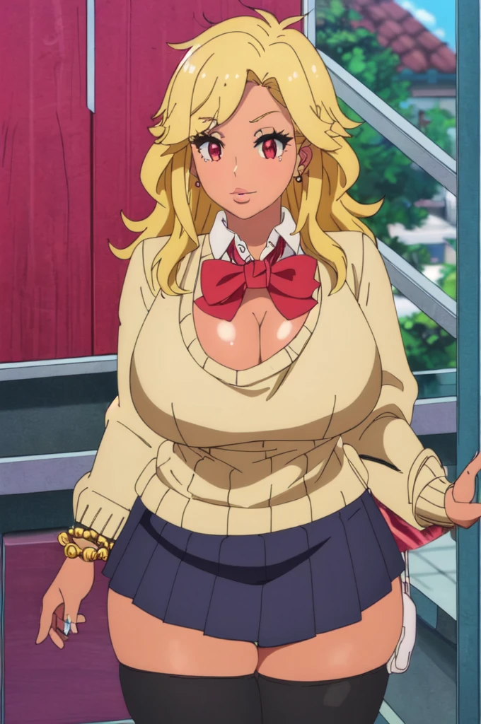 ((best quality)),((highly detailed)),masterpiece,absurdres,detailed face,beautiful face,(detailed eyes, deep eyes),1girl,  Tomo, ((red eyes)), black short skirt , sky, day, cloud, pleated skirt, leopard print panty, School rooftop, looking at viewer, open clothes, standing, loose uniform showing cleavage, Gyaru, Big breast, ((full tanned skin)), Glossy lips, a lot of earpiercing, Necklace with heart shape,Bracelet, Half eyes expression, Smirk, feminim,((1girl)),((Solo)),Spouty mouth,Thick lips,colored Long nail,Stylish thick wavy hair,Celeb wavy hair,Tight tights,H cup,Gyaru rings,((Big bouncy breast)),Curvy figure,Half eyes open expression,((((school uniform with long sleeve sweater )))),unbuttoned school uniform,cleavage,Solo,Heart shape emote,Detailed hand,Thick lips,half eyes,Humongous Breast,Dangerous cleavage,Stand out cleavage,Eyelash,((yellow blond colored hair)),Colorless lips,Enchanched breast,Show off cleavage,Body facing front,Gaze on viewer,Stud earring,Needy girlfriend,Needy bitch behaviour,Chocker,Detailed hand,Crossing hand,Swaying hips,((Wavy hair)),spouty lips expression,1hand crossing arm,white collar 