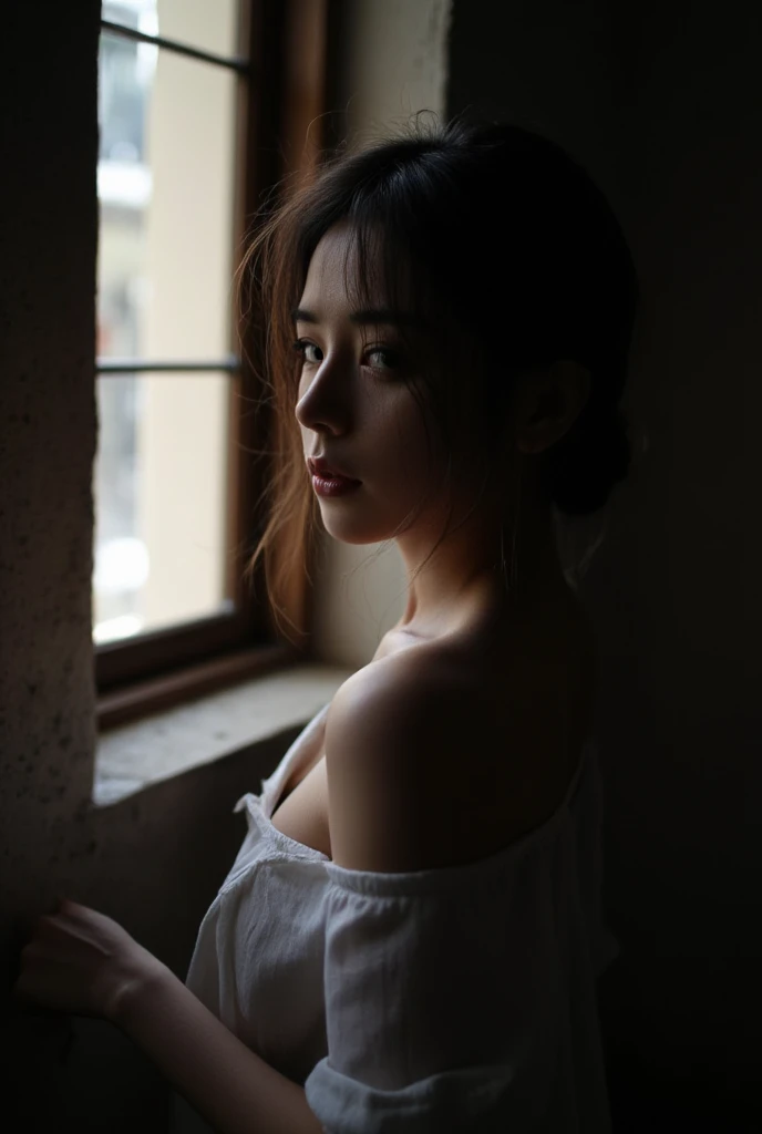 A bandicoot portrait of a beautiful woman in a dimly lit room, with soft natural light filtering through an old-style window, silhouette is partially obscured by shadows, creating a mysterious and contemplative mood, ethereal appearance, with slightly messy hair loosely tied back, with a few strands falling around her face. Wearing an off-shoulder white shirt, she gazes over her shoulder with a calm, neutral expression, soft lighting highlights , --S 400 Style raw