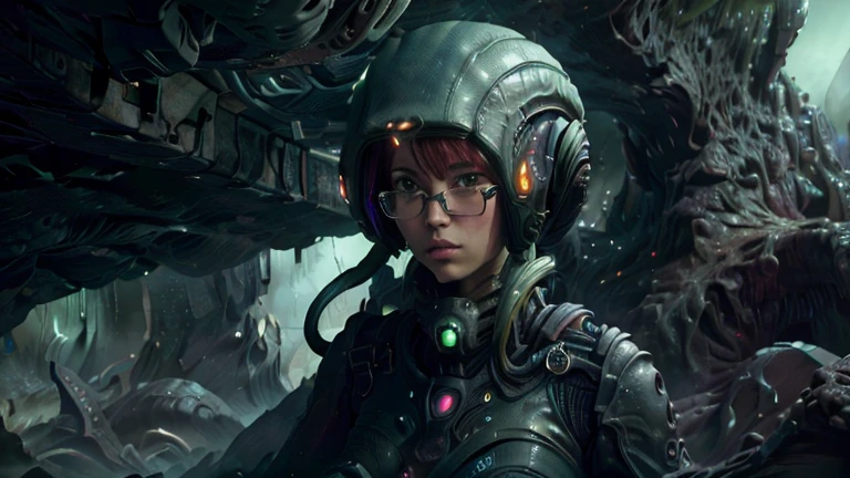 close-up,  upper body . Short, red hair, green eyes,  metal-framed glasses , chemical protection suit , girl . (masterpiece, top quality,  Best quality , Official art,  beautiful and aesthetic :1.2),  extremely detailed ,( fractal art:1.2),Colorful,The most detailed, (dynamic pose), (alien alien cave landscape background:1.5), (Green sky no atmosphere:1.4). ((SPLIT. photorealism.  unreal engine .  Ultra high quality textures.  High detail. permission 8k))