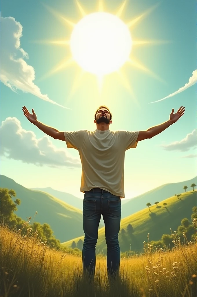 A man standing on his back expanding his two hand facing towards the sun in a beautiful sunny days in front of a beautiful hill scenery