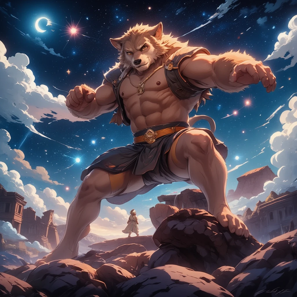 full body in Michelangelo Buonarroti style, housamo style, digital illustration anime, character focus, 1boy, full body, looking away, dynamic angle, BREAK summoner, muscular middle-aged wolf man, complete anatomy, perfect proportions, beautiful thigh gap, fluffy body, intricate fur details, beautiful fur texture, BREAK detailed wolf tail, detailed toe, 5toes, 5toes nails, beautiful foot, BREAK detailed hands, 5fingers, 5fingers nails, BREAK aesthetic anime face, insanity detailed face, male face, big face, square jawline, aesthetic anime eyes, detailed brown eyes, detailed brown cornea, detailed dark brown irises, detailed pupils, male eyes, big eyes, male eyebrows, innocent look, beautiful beard, BREAK whip, clothed, robe, shirt, pants, boots, summoning salamander, dynamic pose, starry sky,  jungle ruins, outdoor, masterpiece, official art, best quality, very aesthetic, absurdres, super fine illustration, great quality, BREAK noise reduction, very highres, large filesize, high quality, 32K, 8k wallpaper, dynamic lighting, BREAK insanity detailed, ultra detailed, intricate details, extremely detailed, detailed texture, an extremely delicate and beautiful, full color, BREAK e621 illustration, osukemo, kemohomo, anthropomorphic, furry, cartoon, harmonious, pastoral, virtuous, BREAK digital illustration anime 