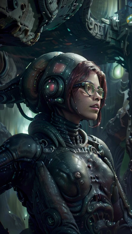 close-up,  upper body . Short, red hair, green eyes,  metal-framed glasses , chemical protection suit , girl . (masterpiece, top quality,  Best quality , Official art,  beautiful and aesthetic :1.2),  extremely detailed ,( fractal art:1.2),Colorful,The most detailed, (dynamic pose), (alien alien cave landscape background:1.5), (Green sky no atmosphere:1.4). ((SPLIT. photorealism.  unreal engine .  Ultra high quality textures.  High detail. permission 8k))