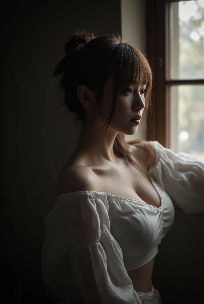 A bandicoot portrait of a beautiful woman in a dimly lit room, with soft natural light filtering through an old-style window, silhouette is partially obscured by shadows, creating a mysterious and contemplative mood, ethereal appearance, with slightly messy hair loosely tied back, with a few strands falling around her face. Wearing an off-shoulder white shirt, she gazes over her shoulder with a calm, neutral expression, soft lighting highlights , --S 400 Style raw