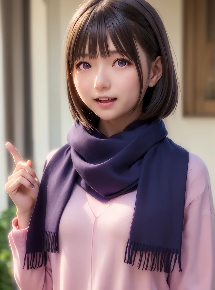   Kampala ,In 8K, best quality , Details,Semi-realistic anime,3D ANIMATION STYLE , Smooth Anime CG ,One Girl,19-year-old Japanese woman,slim,modeling,((Very short真っ直ぐな髪)), (( TWO BLOCK FADE HAIR )),(( Very short )), pink gloss ,   BLACK TO GOLD GRADIENT HAIR, Detailsな顔,Beautiful and  Details,  growing skin  ,(( DEEP BLUE PURPLE GLOWING EYES )),(Small breasts),((Shut your mouth.)),(smile),Thick muffler、Grey scarf、 message window 、((  The hair is inside the scarf))