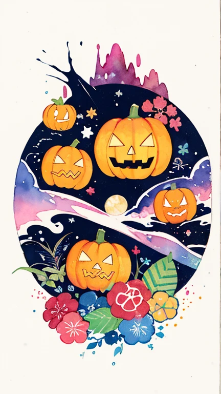  splatter background and spray paint effect, Katsushika Hokusai , watercolor, watercolor, watercolor風, Orange pumpkin ,  jack o' lantern , watercolorの詳細なアート, watercolor digital painting, watercolor paints, 非常に精巧なwatercolor, Pale Full Moon,bat and pumpkin , Wabi-sabi art ,