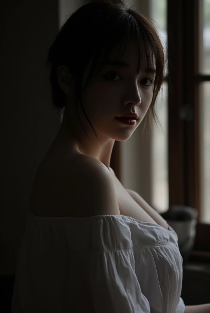 A bandicoot portrait of a beautiful woman in a dimly lit room, with soft natural light filtering through an old-style window, silhouette is partially obscured by shadows, creating a mysterious and contemplative mood, ethereal appearance, with slightly messy hair loosely tied back, with a few strands falling around her face. Wearing an off-shoulder white shirt, she gazes over her shoulder with a calm, neutral expression, soft lighting highlights , --S 300 Style raw