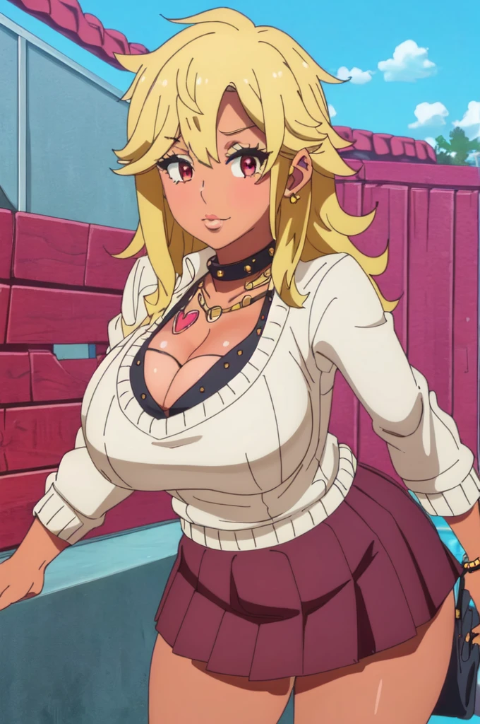 ((best quality)),((highly detailed)),masterpiece,absurdres,detailed face,beautiful face,(detailed eyes, deep eyes),1girl,  Tomo, ((red eyes)), black short skirt , sky, day, cloud, pleated skirt, leopard print panty, School rooftop, looking at viewer, open clothes, standing, loose uniform showing cleavage, Gyaru, Big breast, ((full tanned skin)), Glossy lips, a lot of earpiercing, Necklace with heart shape,Bracelet, Half eyes expression, Smirk, feminim,((1girl)),((Solo)),Spouty mouth,Thick lips,colored Long nail,Stylish thick wavy hair,Celeb wavy hair,Tight tights,H cup,Gyaru rings,((Big bouncy breast)),Curvy figure,Half eyes open expression,((((school uniform with long sleeve sweater )))),unbuttoned school uniform,cleavage,Solo,Heart shape emote,Detailed hand,Thick lips,half eyes,Humongous Breast,Dangerous cleavage,Stand out cleavage,Eyelash,((yellow blond colored hair)),Colorless lips,Enchanched breast,Show off cleavage,Body facing front,Gaze on viewer,Stud earring,Needy girlfriend,Needy bitch behaviour,Chocker,Detailed hand,Crossing hand,Swaying hips,((Wavy hair)),spouty lips expression,1hand crossing arm,white collar,Cleavage