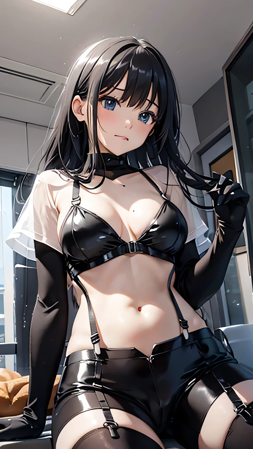 1 female, , high quality, masterpiece, Ultra-high resolution, , Cinema Lighting, , , And the suspenders with the cranes flying Large Breasts Small face holster Lying in bed Looking up Sweat belt summer 脇Sweat Black Hole Gloves suit shirt Black jacket Black trousers Leg Links ズボンにbelt holster Hands behind your back Anxious expression Looking up Anxious face, legs apart Armament Handgun handcuffs Cable ties レッグholster holster See-through clothing heavy rain Getting wet in the rain