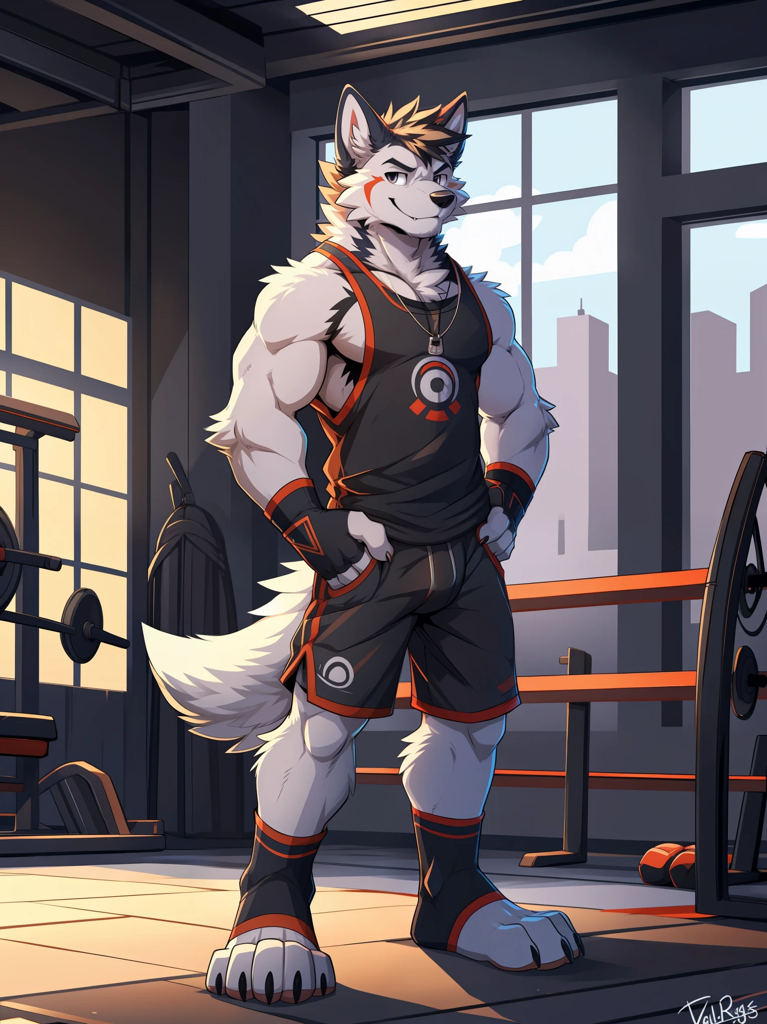 anthro, canid, canis, canine, mammal, husky, nordic sled dog, splitz, standing, college gym, ((tank top, shorts, toeless gloves, toeless socks, armbands)), gym, bulge, smile, male, athletic, solo, tuft, 5 fingers, 4 toes, toe claws, looking at viewer, black fur, black body, white fur, white body, hi res, by pache riggs, by takemoto arashi, by vallhund, anime, anime style, digital flat colors, sharp shadows, shaded, male focus, extreme detailed illustration, good anatomy, perfect anatomy, detailed RPG CG, masterpiece, best quality, detailed background, 
