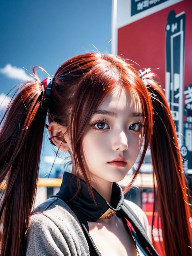 One beautiful girl,Red Hair,  twin tails, Long Hair,  look contemptuous, smug face,  poster and magazine illustration effects, Surrealism,  high definition model ,  KOREAN IDOL,Concept Photo