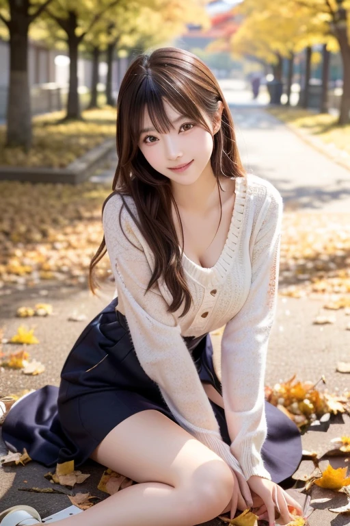 Japanese model sitting on a yellow fallen leaf,  Cute young woman, In the fall,  covered with fallen leaves,  Japanese girls who can show off their bodies、 looking at the camera 、Detailed and beautiful eyes、Cute smile、A soft and gentle look