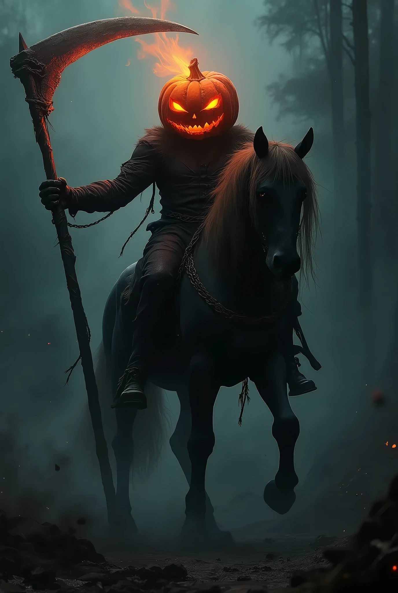 splash art, digital artwork, dark fantasy theme, horror vibe, a centaur with a pumpkin head, his head is pumpkin, holding a scythe, glowing red flame in pumpkin head, surrounded by dark smoke, mythology creatures, intricate detailed, HD Wallpaper