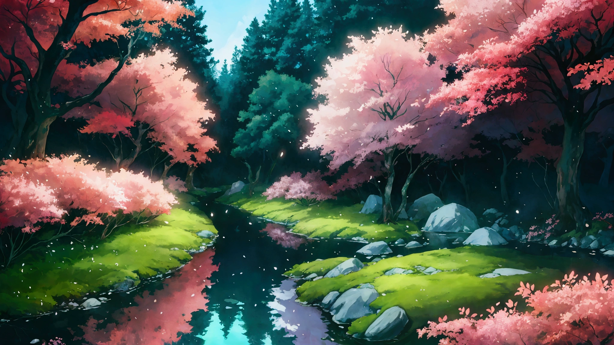 Glowing Forest Cozy Day Sparkling ,in the Morning , Lofi anime style , landscape , natural , Small, beautiful, glowing flowers, Japan ,river, forest glowing