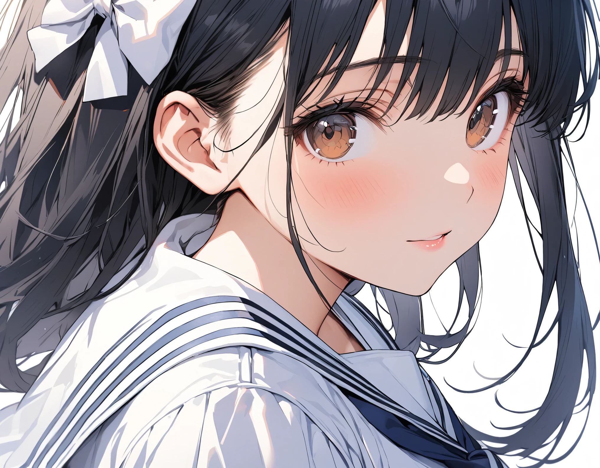 A close-up of the face of a high school girl in a navy blue pleated skirt wearing a dark blue tie wearing a white summer sailor suit wearing a white summer sailor suit with brown eyes, round eyes, white bow, big breasts, solo seen from the side