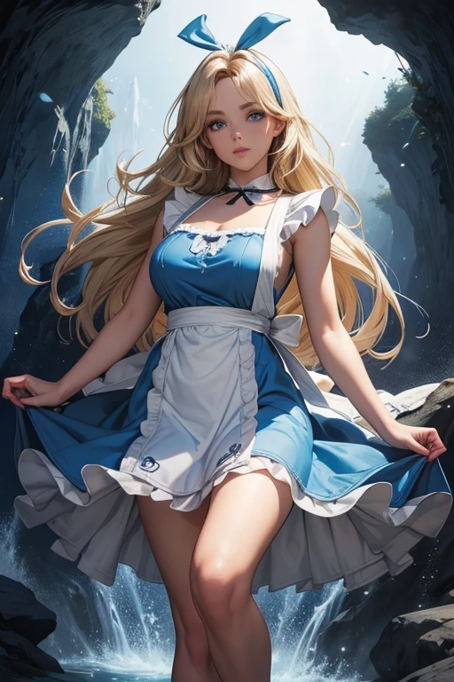 realistic 1.2,  in the style of Artgerm and Adam Hughes, Is she standing,  eyuma sexy Alice in Wonderland,  blue ribbon on the head , Blonde hair,  blue mini dress with white apron,  BIG BREASTS,  white socks,  cleavage, dynamic,  ultra high definition , vfx (Visual Effect)  highlights intricate anatomical features in a perfect way. sfx, complement visual art, immersing the viewer. The level of detail is inspiring,  with meticulously crafted intricate elements ,  Volumetric effects add depth and dimension , and the photorealism is unmatched.  The image is rendered in 8K resolution ,  guaranteeing super detailed visuals,  highlighting their beauty and the aura of a supernatural form .  High Dynamic Range technology  (HDR)  makes the cores stand out , adding richness to the overall composition. Finally, this art presents an unreal portrait.