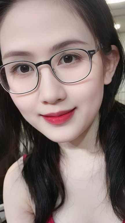 (Realistic、masterpiece、best quality、8K、high resolution、high resolution:1.3)、there are two glasses women with glasses on posing for a picture,、smile, red lips, Gigantic breasts、white bikini、pale white skin、looking at viewers、supene face and eyes、long hair、indoor、 upper body、