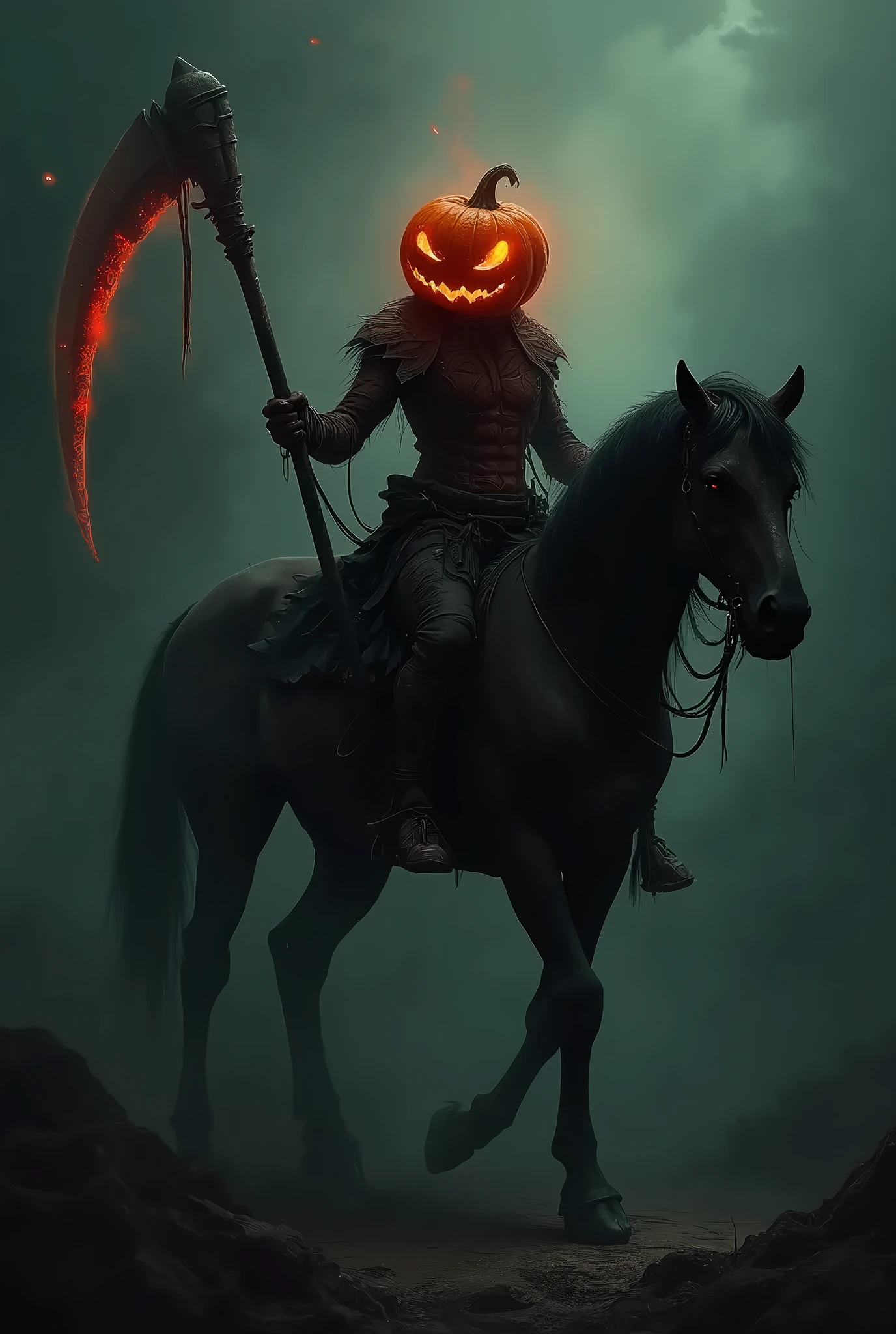 splash art, digital artwork, dark fantasy theme, horror vibe, a centaur with a pumpkin head, his head is pumpkin, holding a scythe, glowing red flame in pumpkin head, surrounded by dark smoke, mythology creatures, intricate detailed, HD Wallpaper