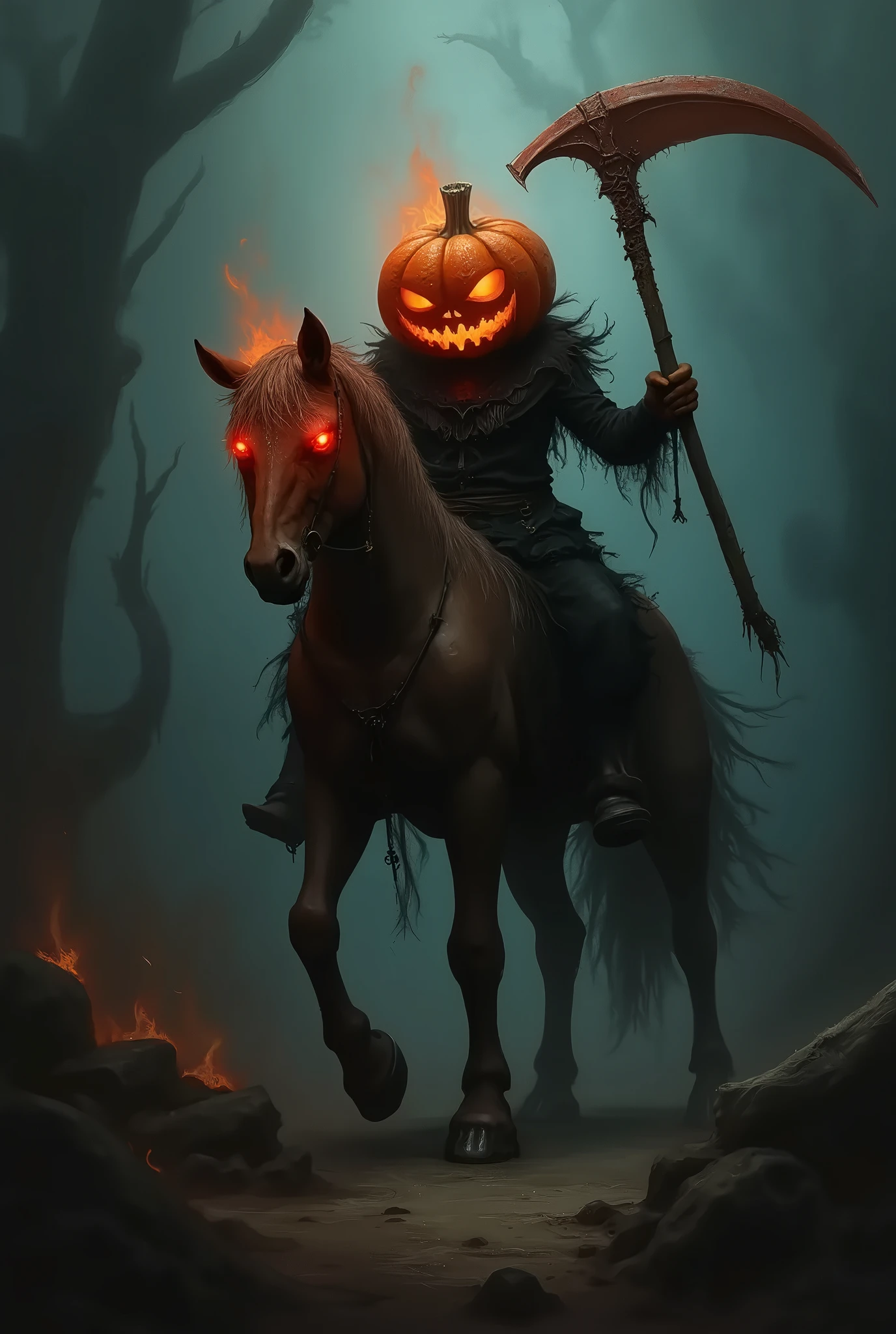 splash art, digital artwork, dark fantasy theme, horror vibe, a centaur with a pumpkin head, his head is pumpkin, holding a scythe, glowing red flame in pumpkin head, surrounded by dark smoke, mythology creatures, intricate detailed, HD Wallpaper