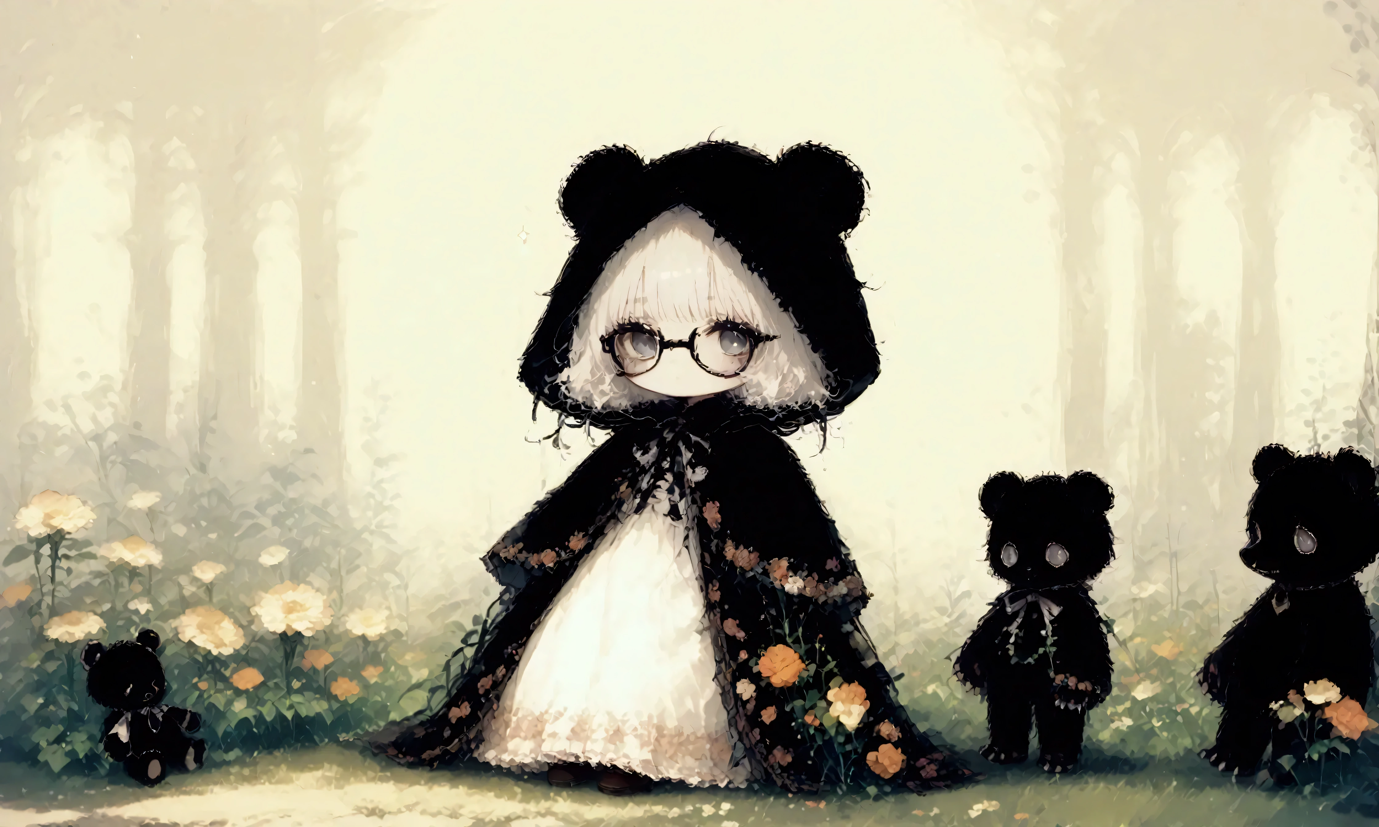 1girl\(cute,chibi, white skin, pale skin,(wearing ((simple)) black hood:1.4),(black robe\(hood,White embroidery in the shape of a flower\):1.3), ((white frilly dress inside)), (wearing black glasses:1.4), (((gray eyes))),Brown leather shoes with cute design, white hair, bangs, short hair, (holding teddybear\(brown,fluffy\):1.4),(cute pose:1.3)\).background\(gothic, Various beautiful flowers in geometrical shape\).score_9, score_8_up, score_7_up, score_6_up, score_5_up, score_4_up, source_anime,source_furry,rating_safe,rating_questionable,masterpiece, best quality, perfect anatomy , very aesthetic , absurdres,limited pallet,(dynamic angle:1.3)