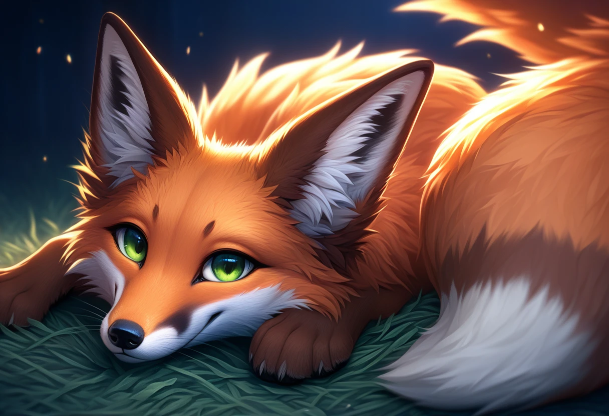 Extreme detail, full body, Detailed eyes, (Shaded), (Detailed lighting), (Cinematic lighting), (Masterpiece, hi res, high resolution, High details, Best quality, high sharpness:1.3), high definition, BREAK, woven, beautiful, cute, fox ears, (long and fluffy fox tail), (digitigrade, fox paws on feet), (elongated fox snout), orange fur, green eyes, feral fox, feral, animal, kitsune, red fox, lying on ground curled up with tail wrapped around self, smiling cutely, looking at viewer, night