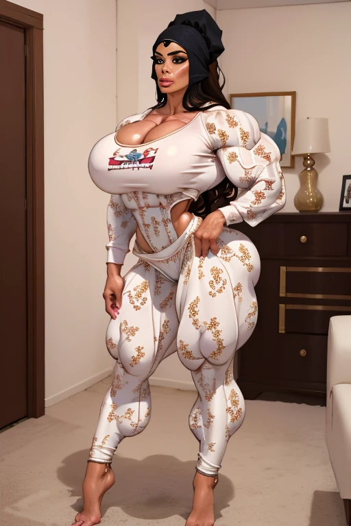 36 yo modest stern arabic woman, buff woman on steroids, large silicon lips, huge full lips with oversized fillers, huge bulging muscular body, massive quads, huge traps, massive female bodybuilder with hypermuscular bulging body, veiny vascular, hypermuscular body, enormous muscle mass, wearing pyjama, sleepy look, standing in a living room
